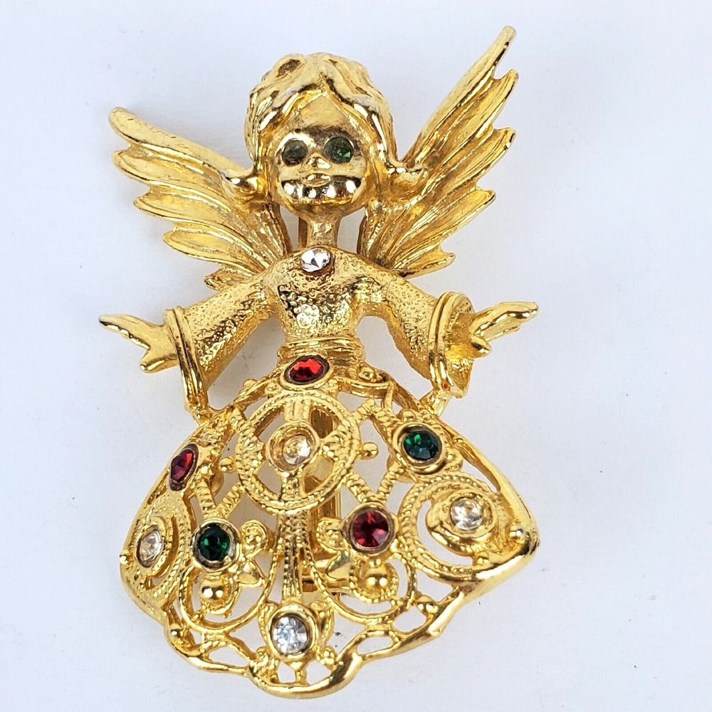 Vintage Avante Gold Tone Openwork Metal Multicolor Rhinestone Angel Brooch Pin